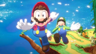 A screenshot from the Mario & Luigi: Brothership trailer showing Mario and Luigi hurtling toward the camera as they flail in the air high above an island.