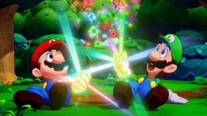Mario and Luigi are sat, their hands glowing, looking up in slight surprise and confusion in Mario & Luigi: Brothership.