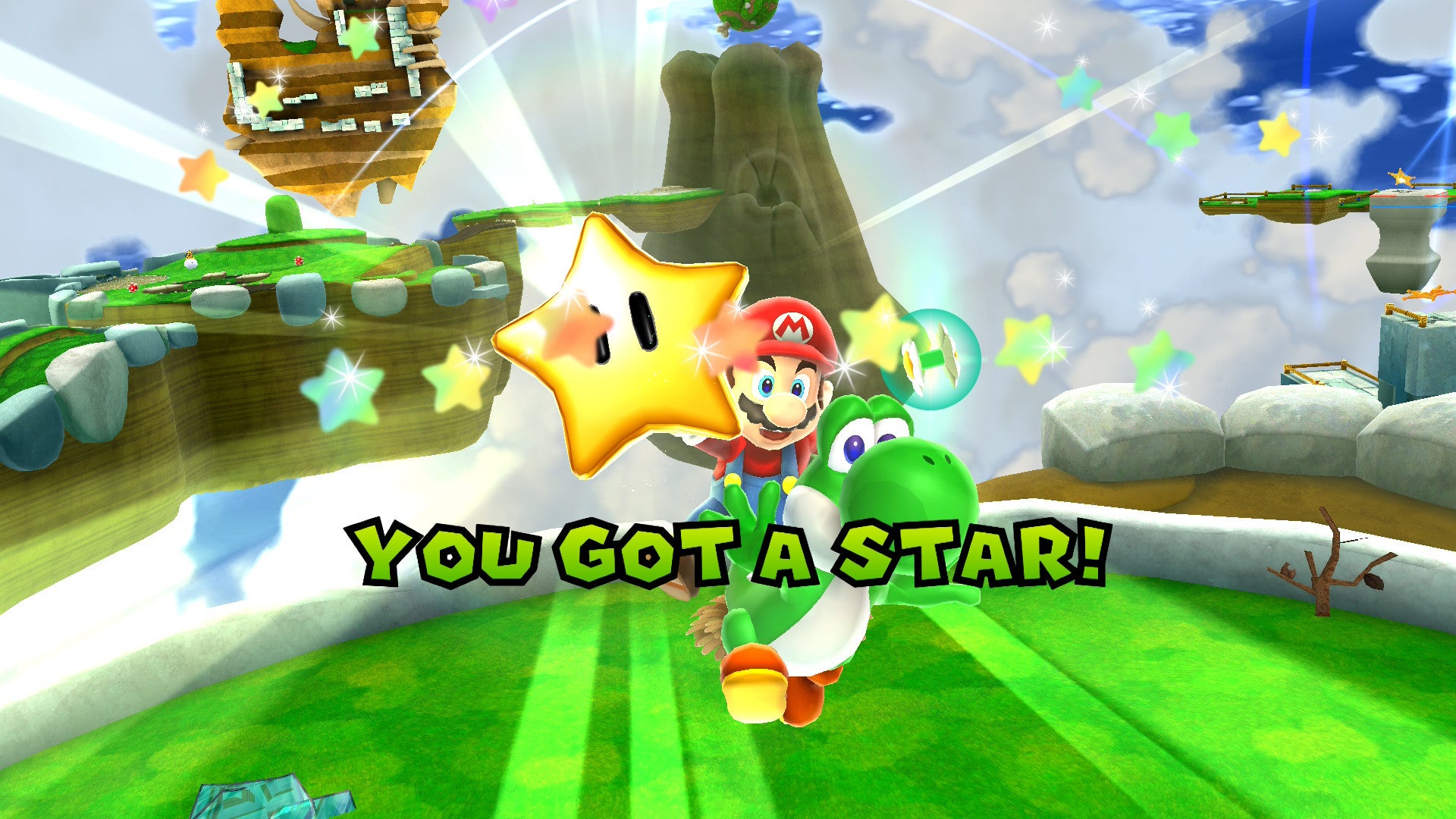 Mario & Yoshi celebrate getting an early star in Mario Galaxy 2.