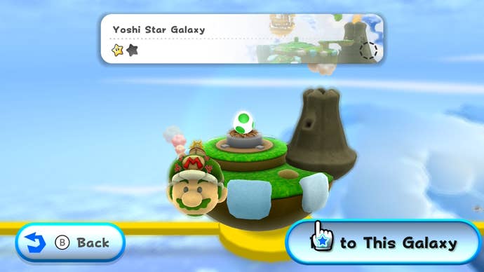A glimpse at the pointer-driven menus of Mario Galaxy 2, selecting a level.