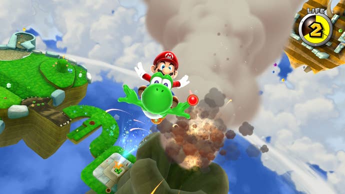 Mario rides Yoshi as they fly through the air in Super Mario Galaxy 2
