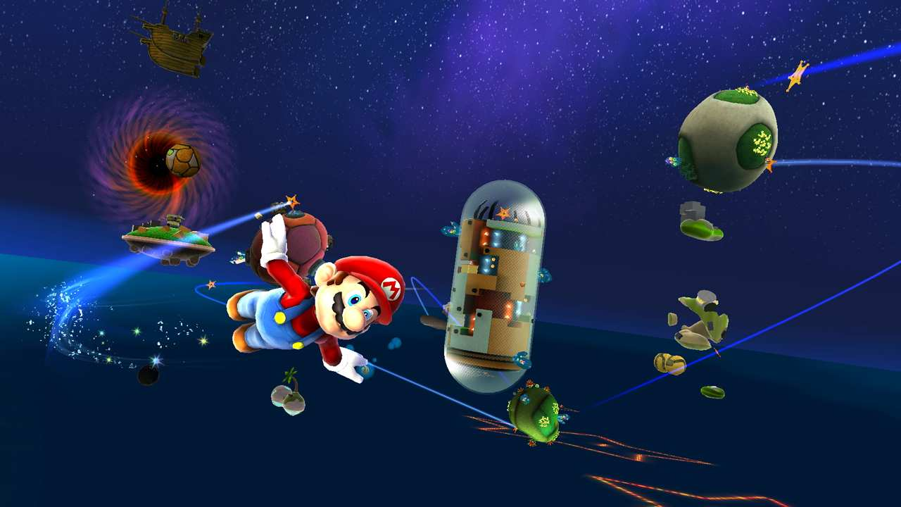 Mario flies through space in Super Mario Galaxy.