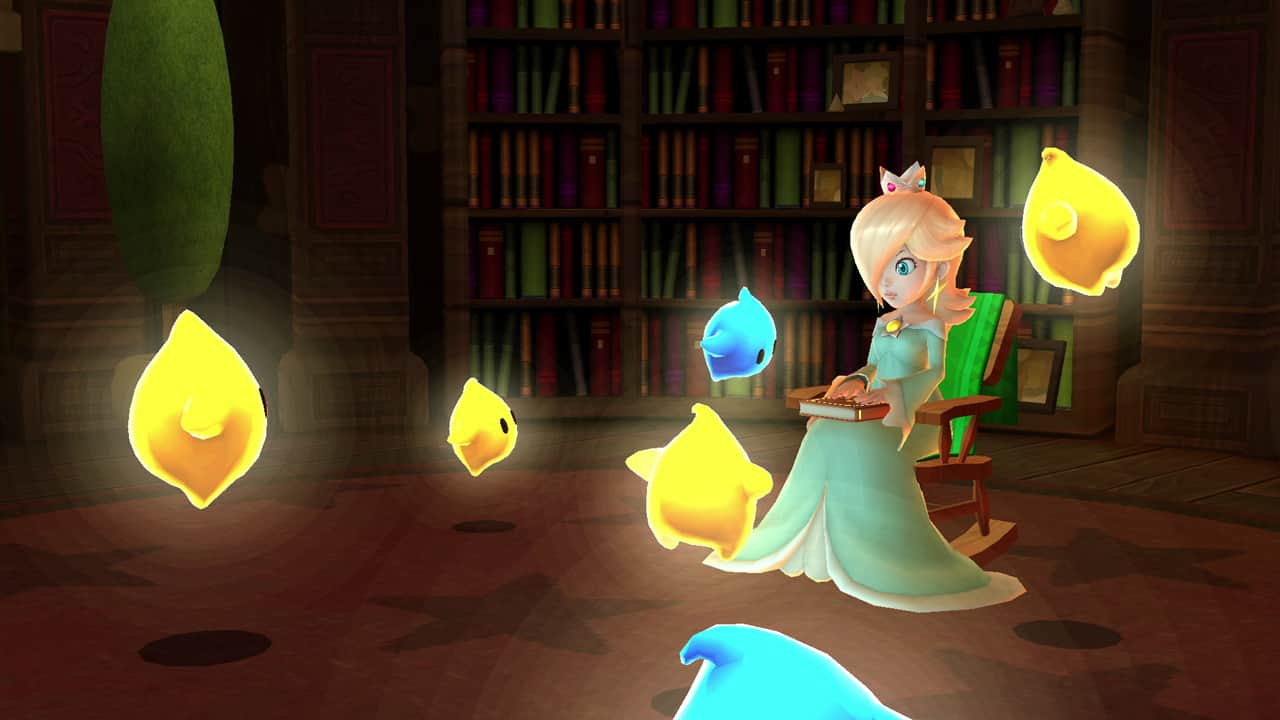 Rosalina reads a story to gathered Luma in Super Mario Galaxy.