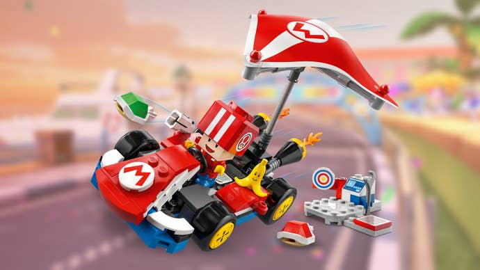 Mario Kart Lego header; a red Lego kart over the top of a slightly blurred race track from Mario Kart 8.