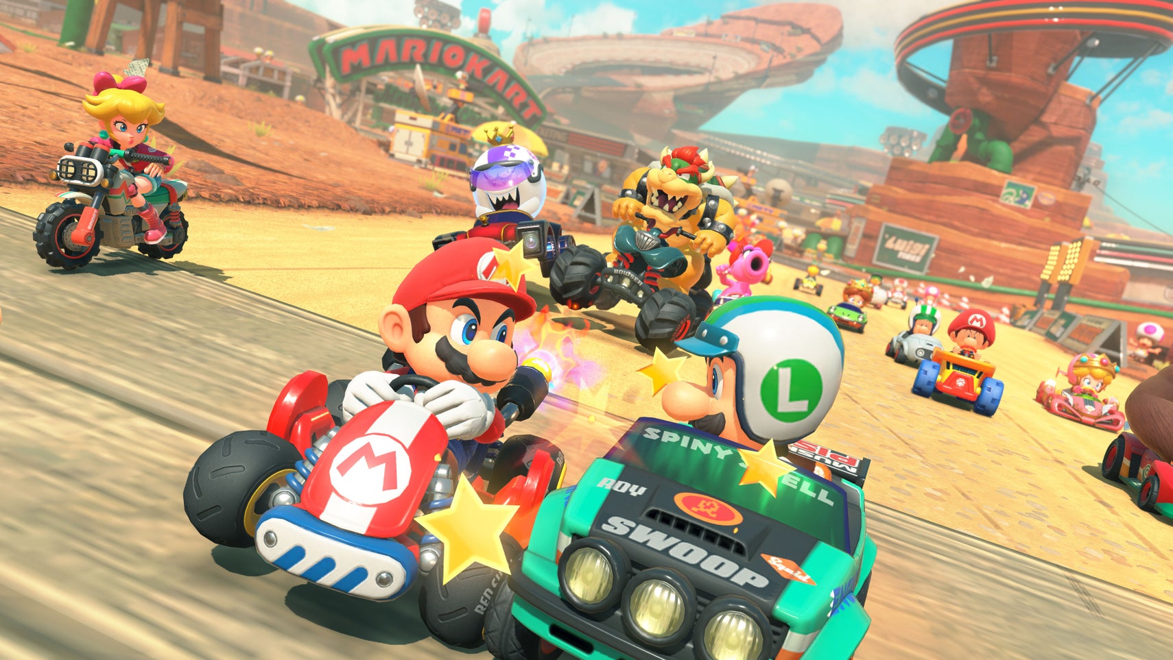 Mario and Luigi proving that rubbin' is racin' in Mario Kart World whole other characters try to overtake. - 1