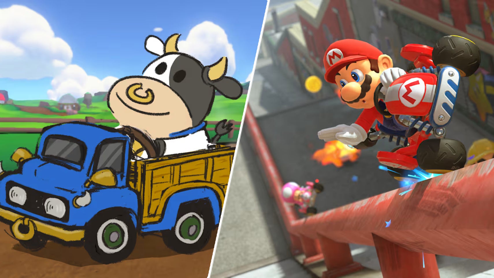 Mario and the driving cow in Mario Kart World. - 1