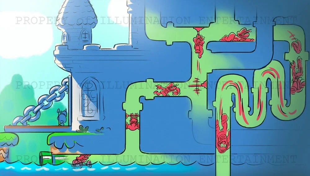 Super Mario Bros. Movie concept art showing a cross-section of warp pipes.