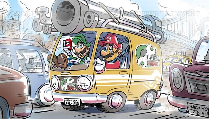 Arte conceptual de la película Super Mario Bros. que muestra a Mario y Luigi en su camioneta de plomería.