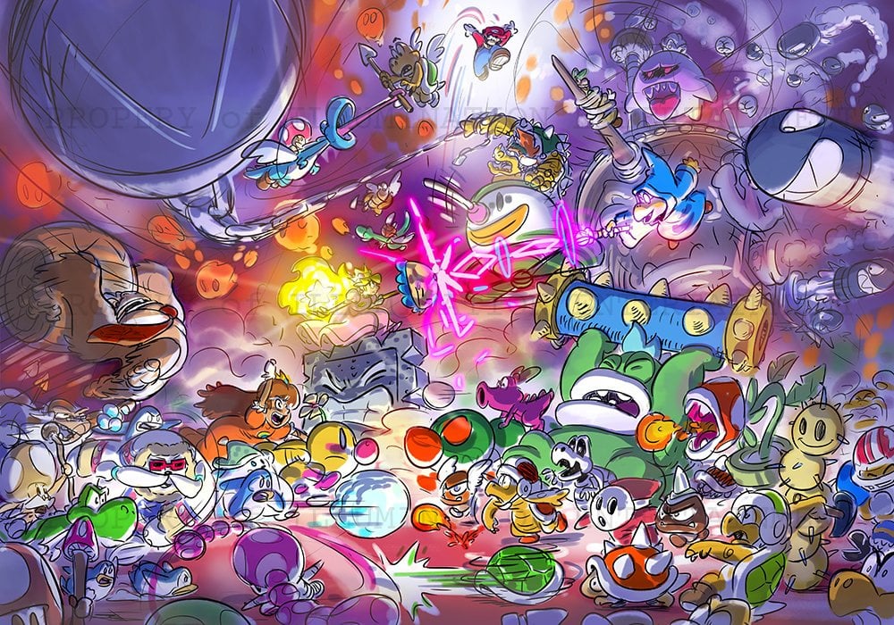 Super Mario Bros. Movie concept art showing a huge battle between Mushroom Kingdom and Bowser&rsquo;s forces.