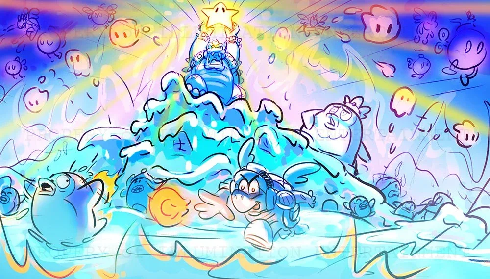 Super Mario Bros. Movie concept art showing Bowser stealing the King Penguin&rsquo;s power star.