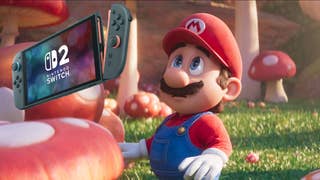 Screenshot of the Mario Movie with Super Mario looking forlornly upwards at a superimposed Switch 2 console