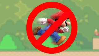 Mario running at speed with a red prohibition sign around him.
