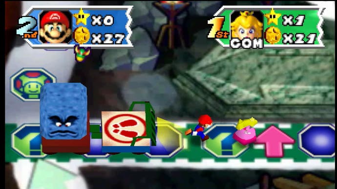 Mario and Peach run from a Thwomp in Mario Party 3