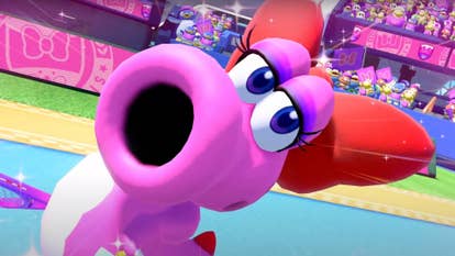 A screenshot of Birdo in Mario Tennis Aces on Switch.