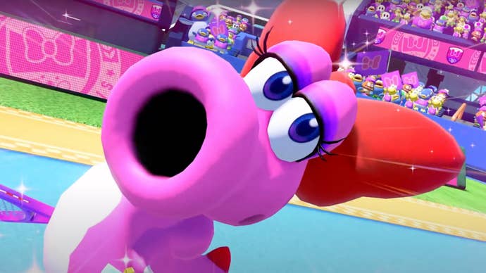 A screenshot of Birdo in Mario Tennis Aces on Switch.
