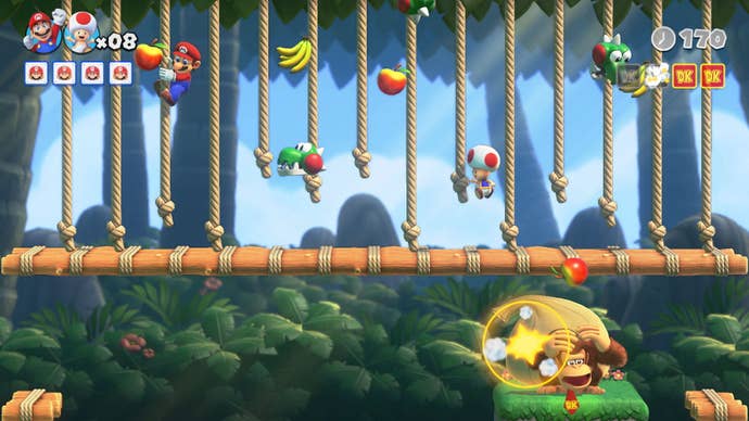 The side-on Mario vs. Donkey Kong game. Here, Mario climbs on a series of ropes on a jungle level, while underneath, Donkey Kong cowers, for some reason. Perhaps Mario is throwing things, which isn’t very nice of him.
