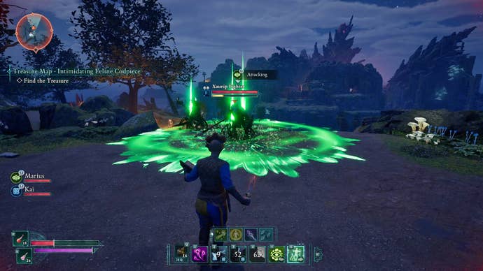 Marius backs up the Envoy by rooting two xaurip enemies in place during a fight in Avowed.