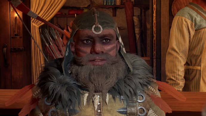 A close-up on Marius, a dwarf Ranger companion in Avowed. Marius has a bushy beard, a bow attached to his back, and an outdoorsman’s cap. He wears a necklace with three sharp teeth on it.