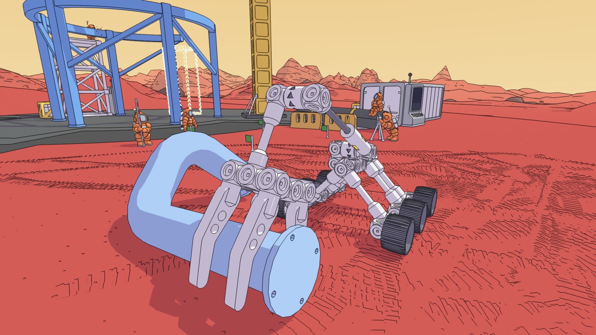 A mechanical rover clasps a large blue pipe in Mars First Logistics - 25
