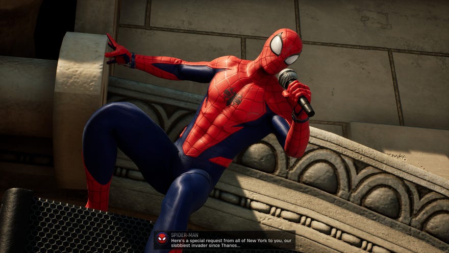 Spider-Man hangs off a building talking into a microphone in Marvel’s Midnight Suns