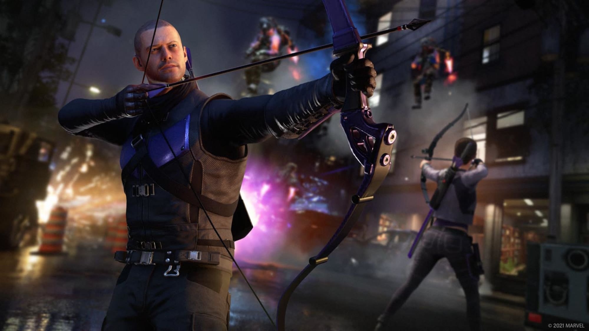 An image of Marvel&rsquo;s Avengers DLC Operation Hawkeye: Future Imperfect, showing Hawkeye (Clint Barton) in the foreground with an arrow loaded, and Kate Bishop in the background doing the same.