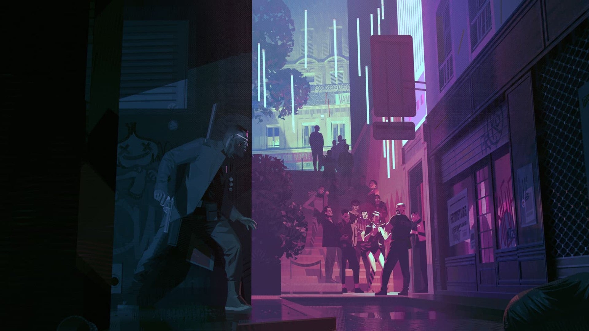 Concept art of Arkane Lyon's upcoming Blade game, showing Blade hiding behind a wall as he stalks some folks standing outside a nightclub. - 51