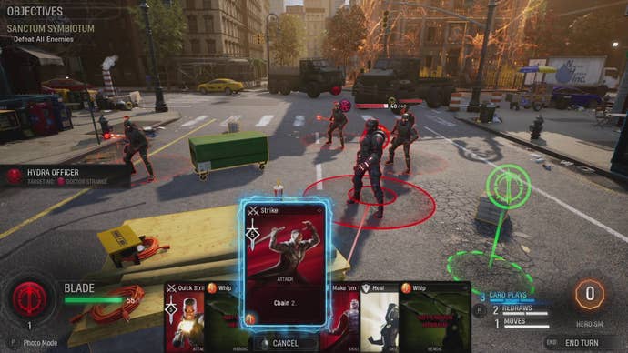 Blade uses a chain attack to biff multiple Hydra goons in Marvel’s Midnight Suns