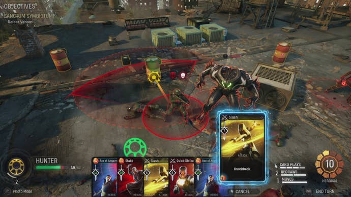 The Hunter uses a knockback attack to send one Hydra goon flying into a nearby barrel in Marvel’s Midnight Suns