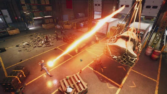 Captain Marvel fires a laser to drop a cargo hold on top of a Hydra soldier in Marvel’s Midnight Suns