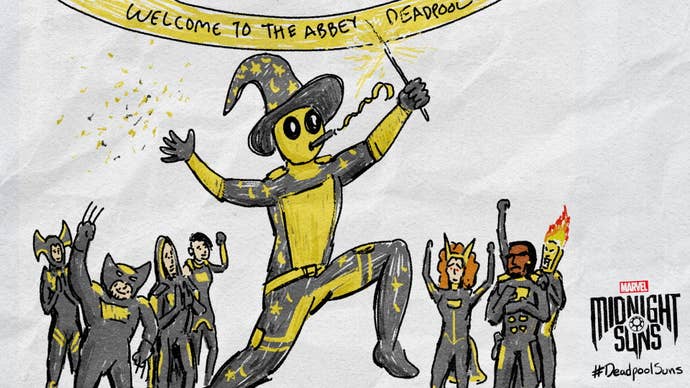 A hand drawn image of Deadpool celebrating his arrival in Marvel’s Midnight Suns