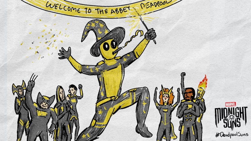 A hand drawn image of Deadpool celebrating his arrival in Marvel’s Midnight Suns