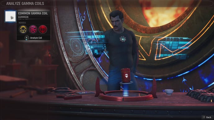 Tony Stark analyses gamma coils in front of an infernal forge in Marvel’s Midnight Suns