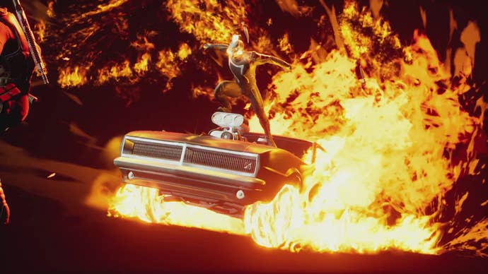 Ghost Rider stands on top of a flaming car in Marvel’s Midnight Suns
