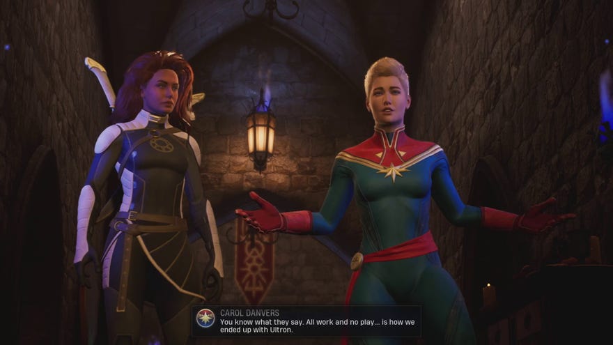 The Hunter walks down some steps with Captain Marvel in Marvel’s Midnight Suns