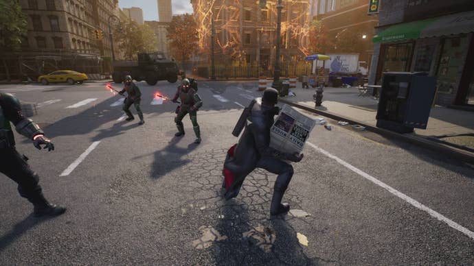 Blade prepares to throw a stack of Daily Bugle newspapers at a Hydra soldier in Marvel’s Midnight Suns