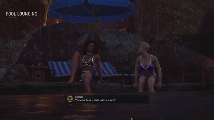 The Hunter and Captain Marvel lounge by the pool on a rainy evening in Marvel’s Midnight Suns