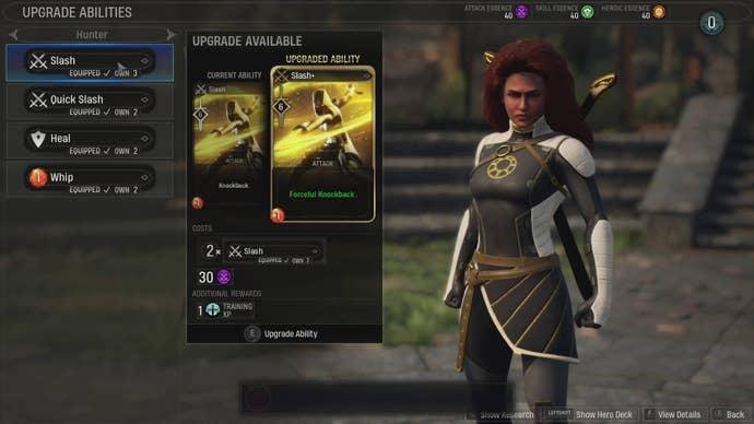 The Hunter upgrades her card attacks in the Yard’s menu screen in Marvel’s Midnight Suns