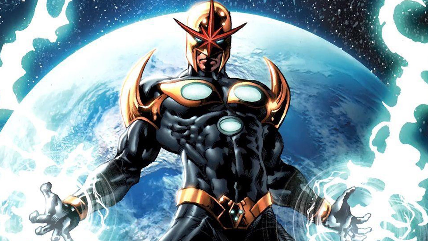 Marvel's Nova, aka Richard Rider, wearing his Nova Corps uniform flying in space above a planet. - 1