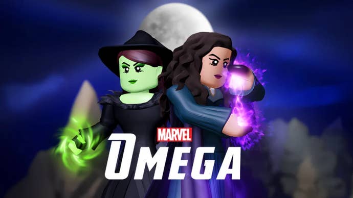 Artwork for the Roblox game Marvel Omega, showing Robloxified Marvel-inspired characters.
