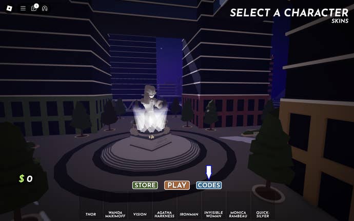 A screenshot of Marvel Omega in Roblox showing the game’s codes button.