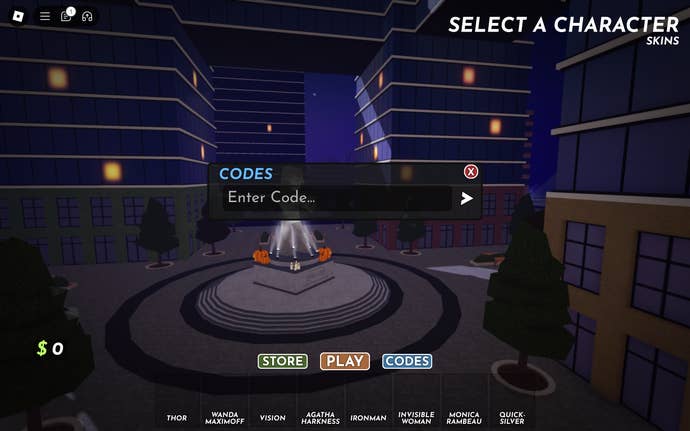 A screenshot of Marvel Omega in Roblox showing the game’s codes screen.