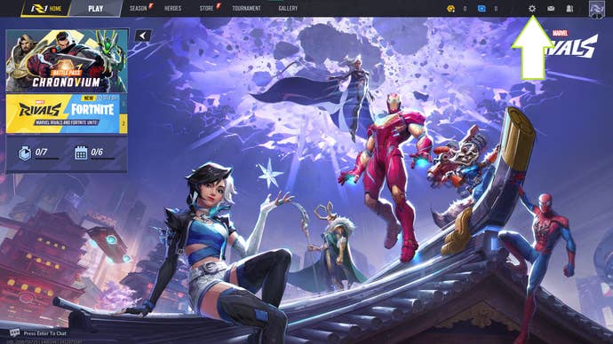 A screenshot of Marvel Rivals showing the game’s settings button.
