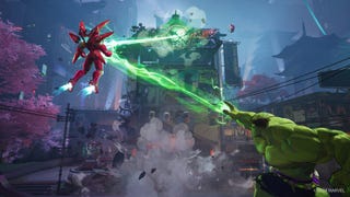 Marvel Rivals screenshot showing The Hulk and Iron Man performaning a team attack and hitting a building.