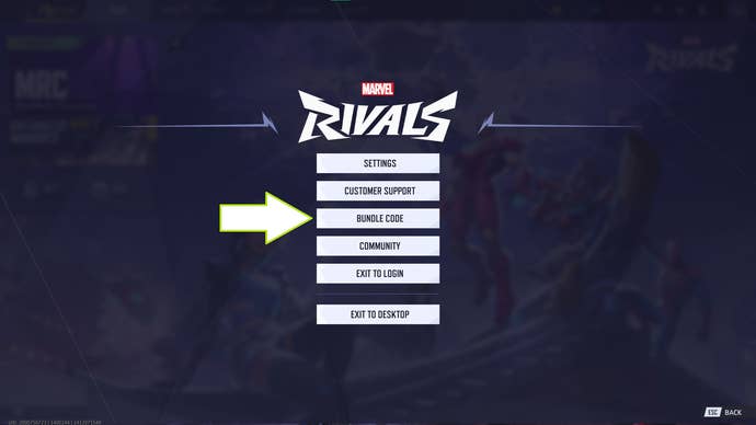 A screenshot of Marvel Rivals showing the game’s Bundle Code button.