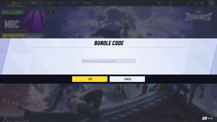 A screenshot of Marvel Rivals showing the game’s Bundle Code page.