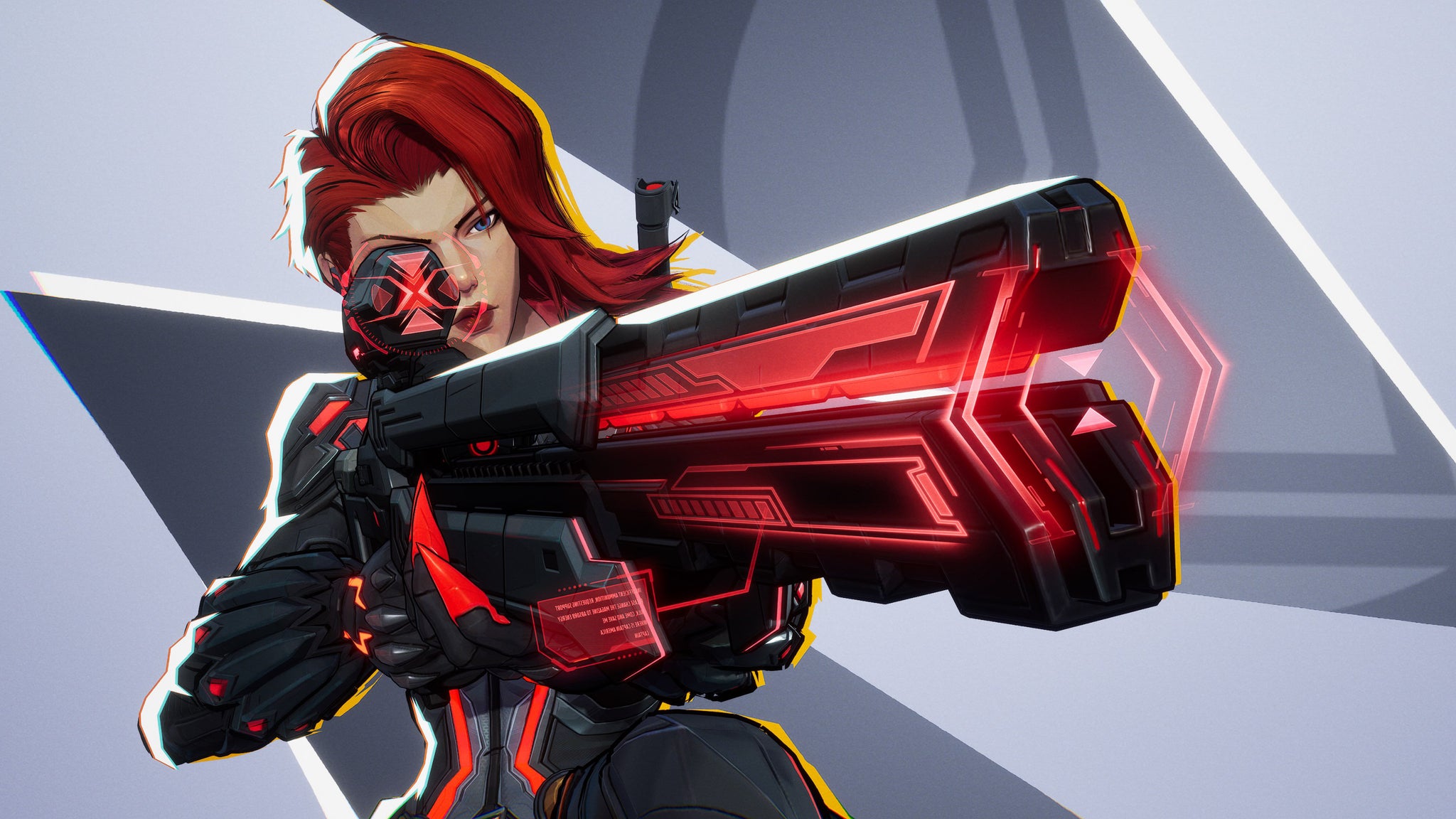 Black Widow in Marvel Rivals aims her Red Room rifle off-screen in front of the camera. - 5