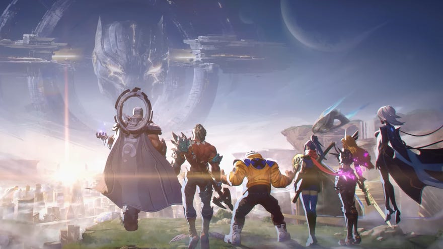 Magneto, Namor, Wolverine, Psylocke, Magik, and Storm stand on a cliff with their back to the camera, looking towards a space station in the Marvel Rivals launch trailer cinematic.
