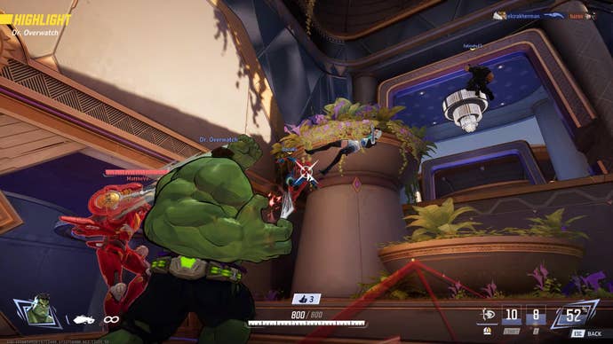 Hulk bashes Iron Man, as Luna Snow gets launched by Spiderman in the background.