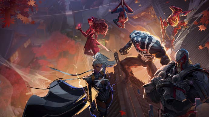 Marvel Rivals key art showing characters like Storm, Magneto, Scarlet Witch, Spider-Man, Venom, and Peni Parker.