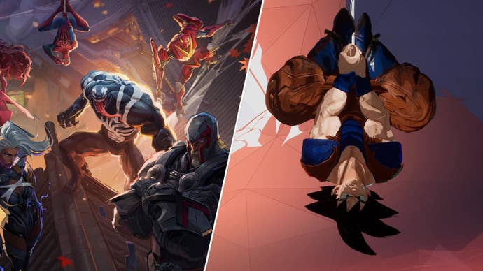 On the left, key art for Marvel Rivals showing multiple characters. On the right, Goku from Dragon Ball hanging upside down on a web like Spider-Man.